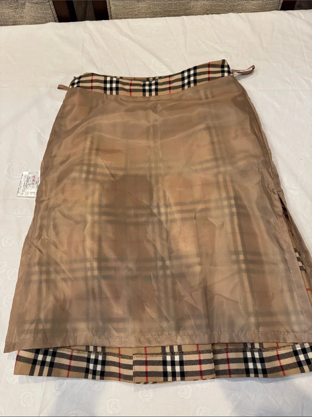 Authentic Burberry Beige Plaid Pencil Skirt with Red and Black Accents